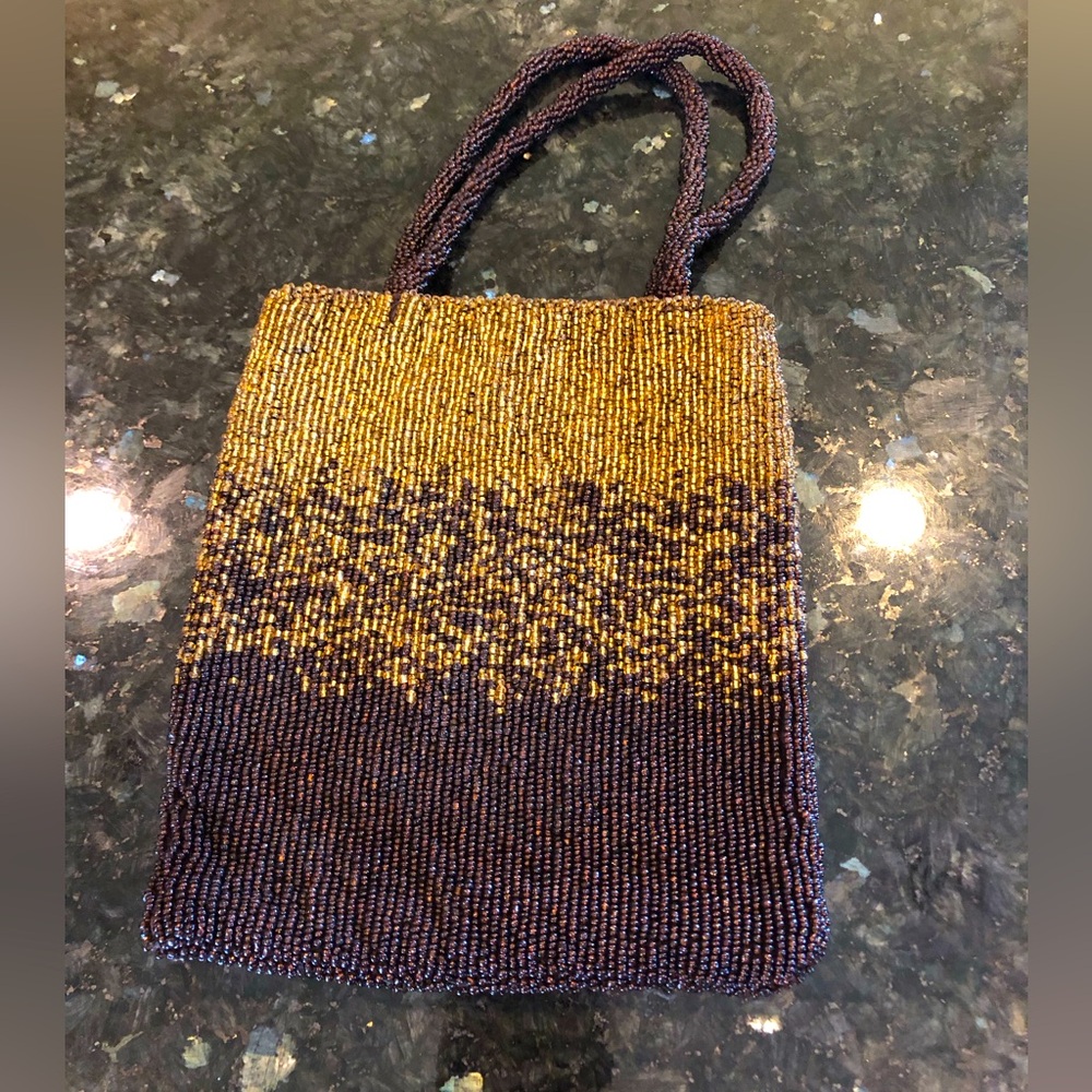 Cache Brown & Gold Beaded Evening Bag 6”W & 7”L Silk Lined Magnetic Closure
